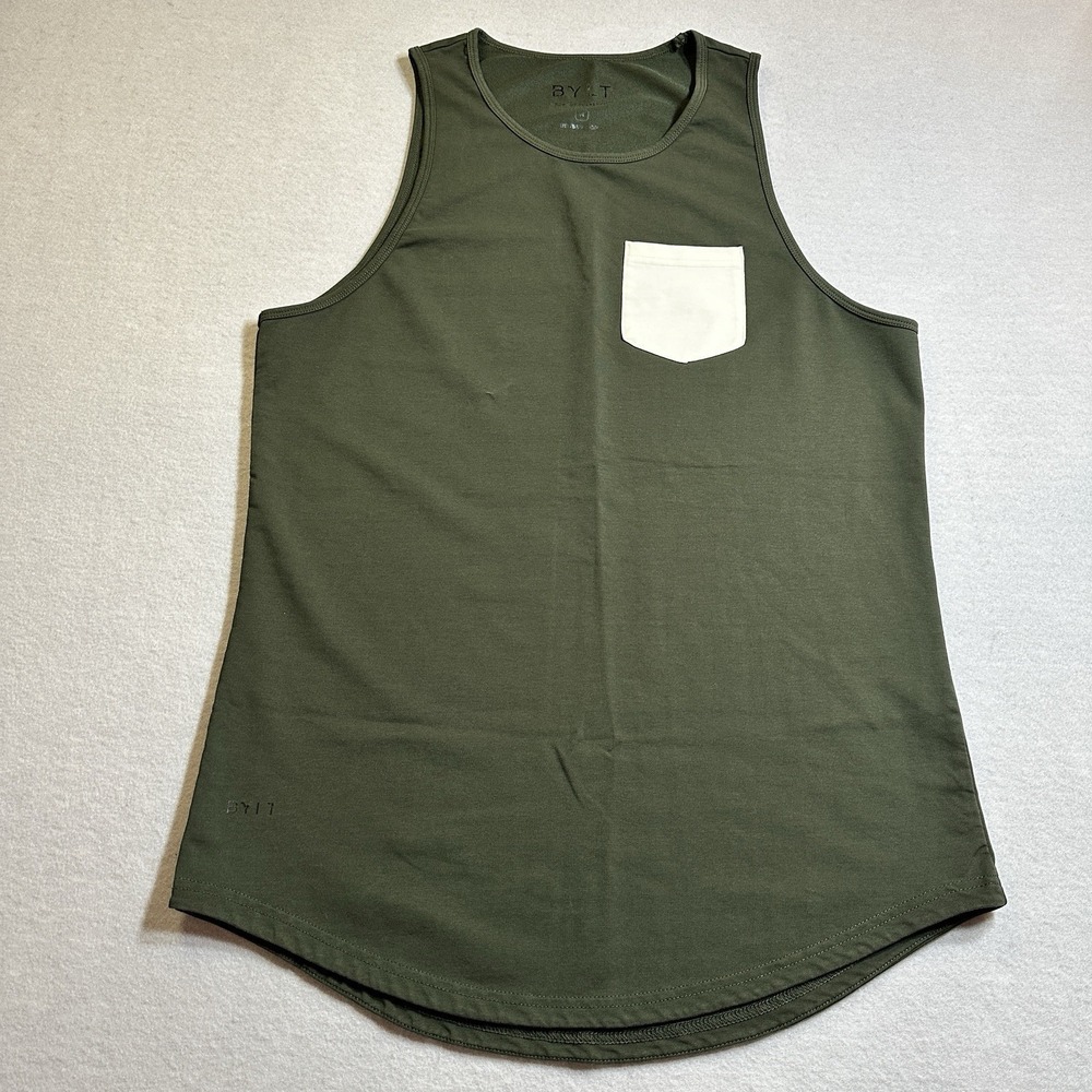 BYLT Basics LUX Drop-Cut Pocket Tank Top Men's Medium White Stretch Muscle Gym